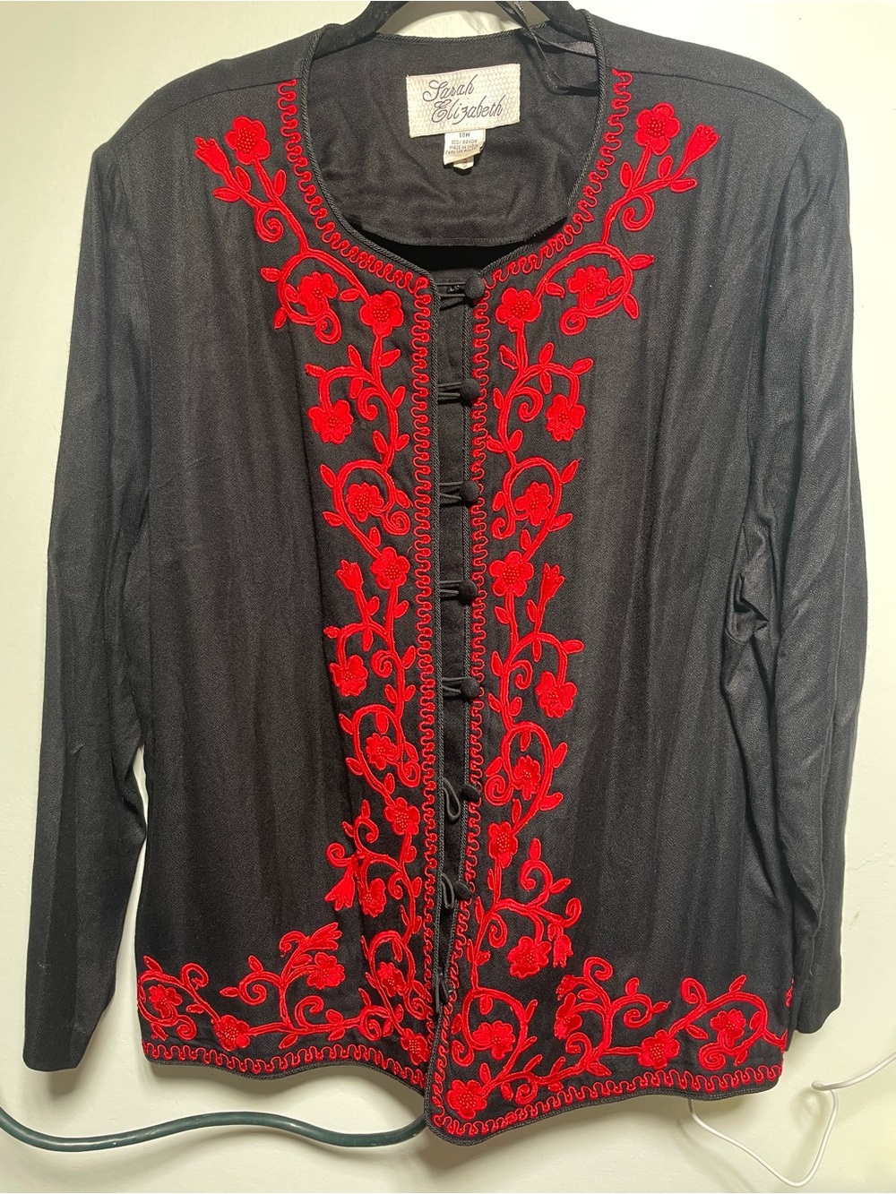 Sarah Elizabeth Black Tunic Jacket with Red Floral Embroidery